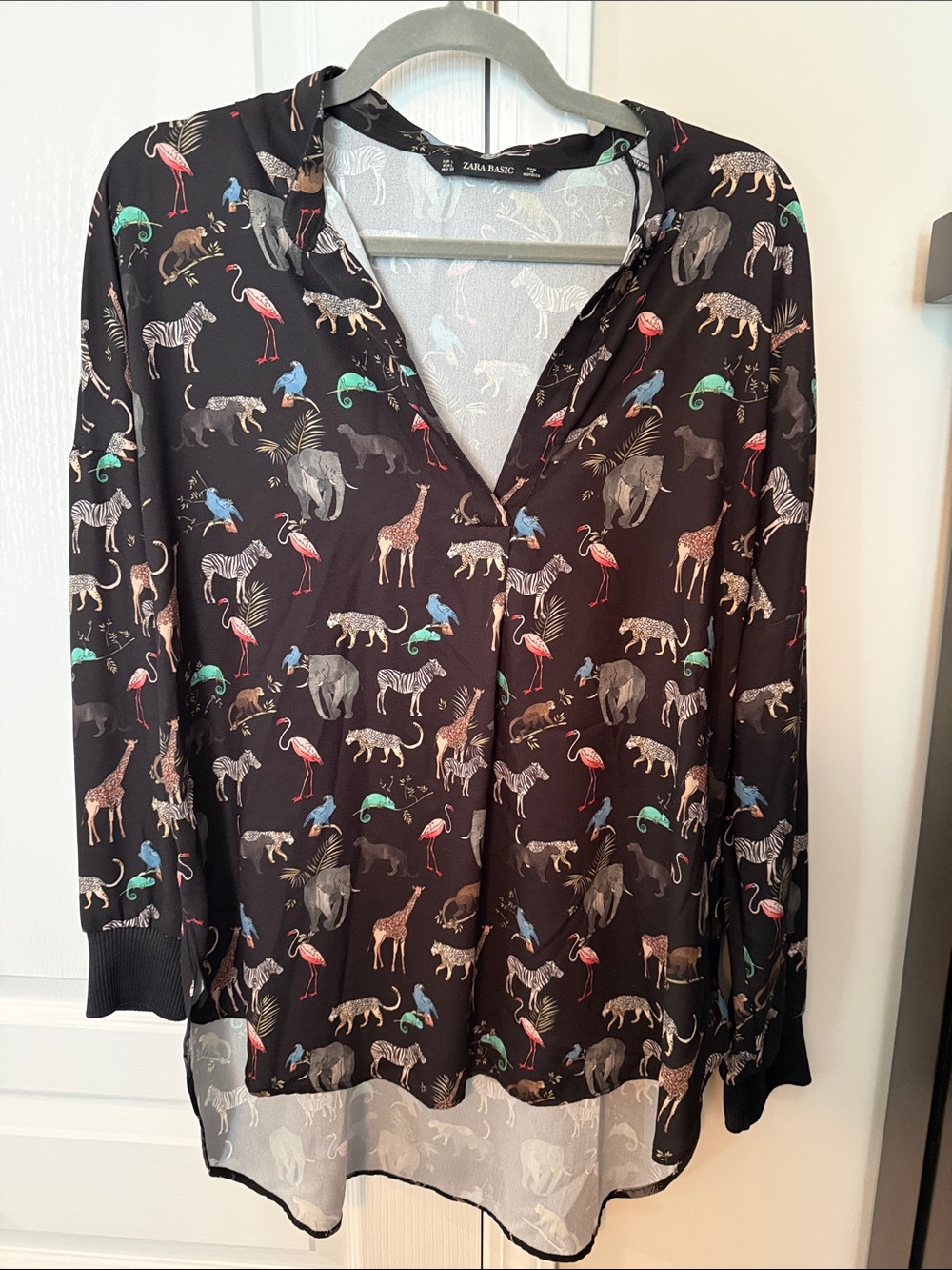 Zara Black High Low Blouse with Animal Print